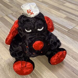 Plush vintage RX Medicalclinic black red hound dog froggy eyed mascot nurse